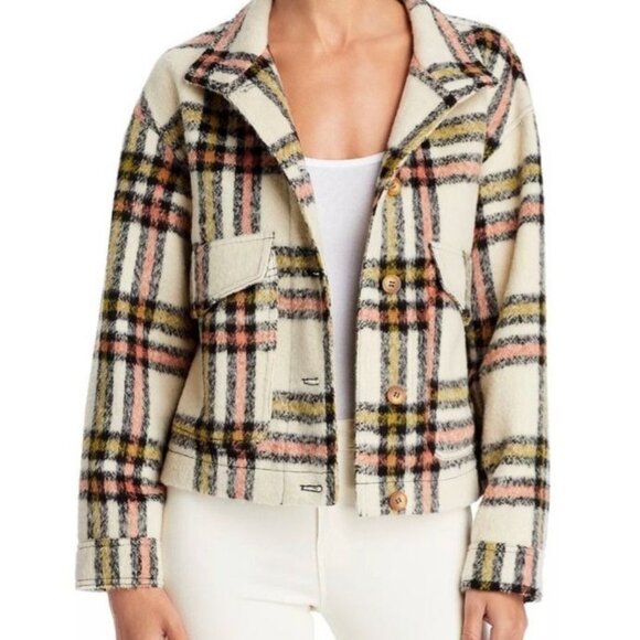 NEW Bagatelle Plaid Print Oversized Cropped Jacket in Cream & Rust,‎ Size M - Picture 1 of 14